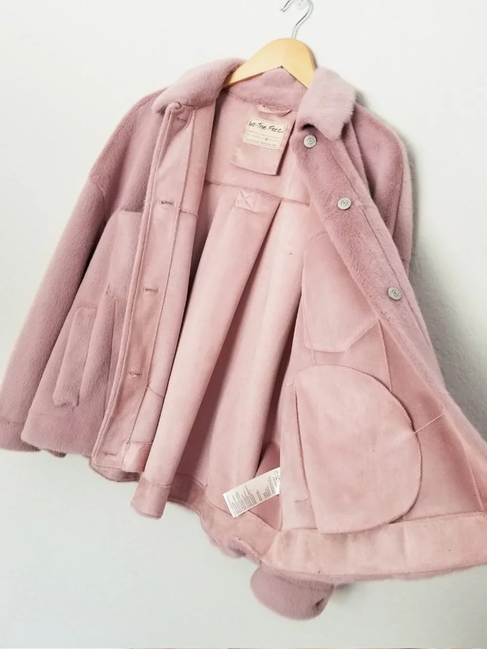 Free People We the Free Cozy Opal Swing Jacket in Pink Size S Faux Fur Teddy $98